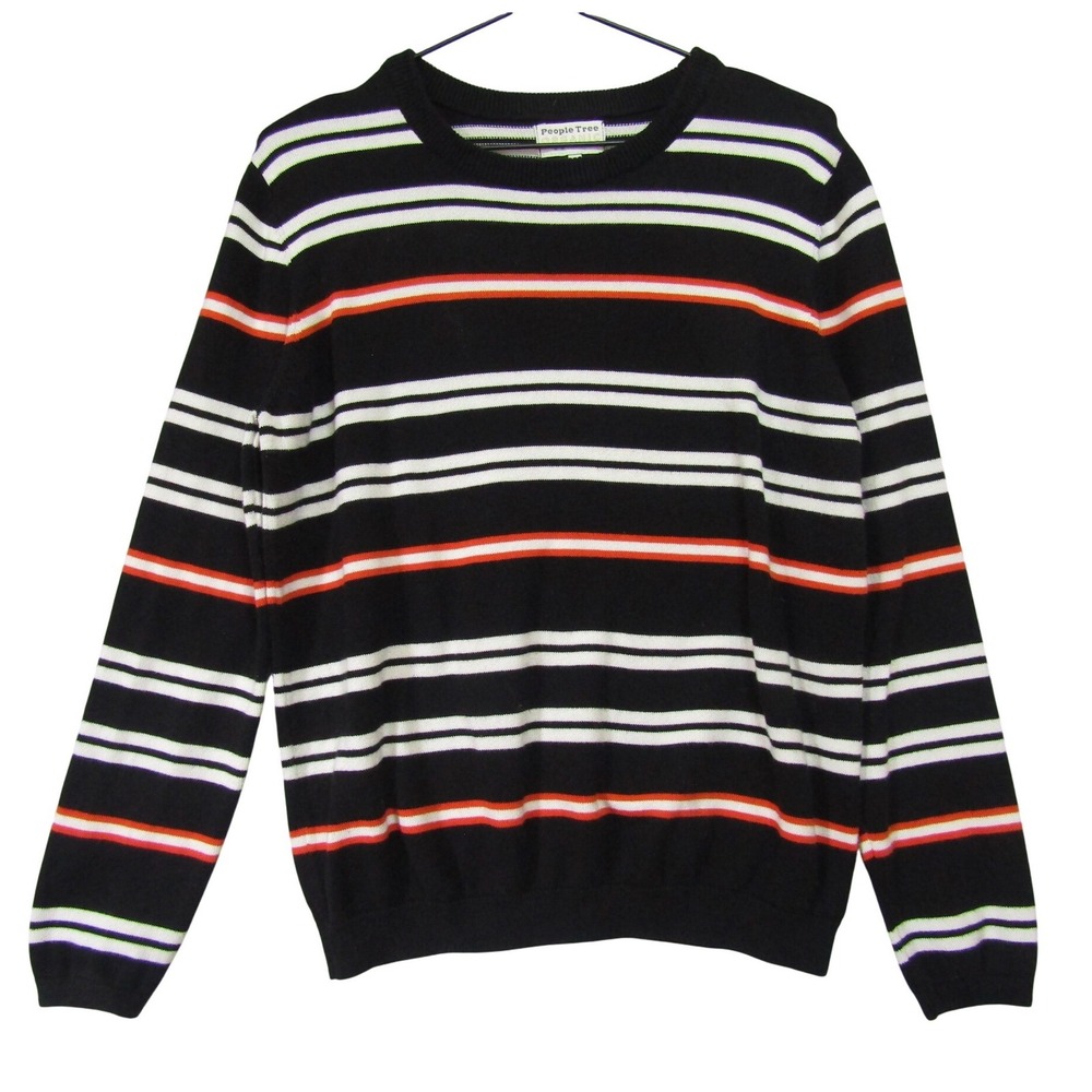 People Tree Striped Sweater Womens Black Organic Cotton Good Crew Neck Pullover
